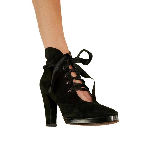 Yves Saint Laurent Shoes - Vintage 90s Yves Saint Laurent black suede lace up heels